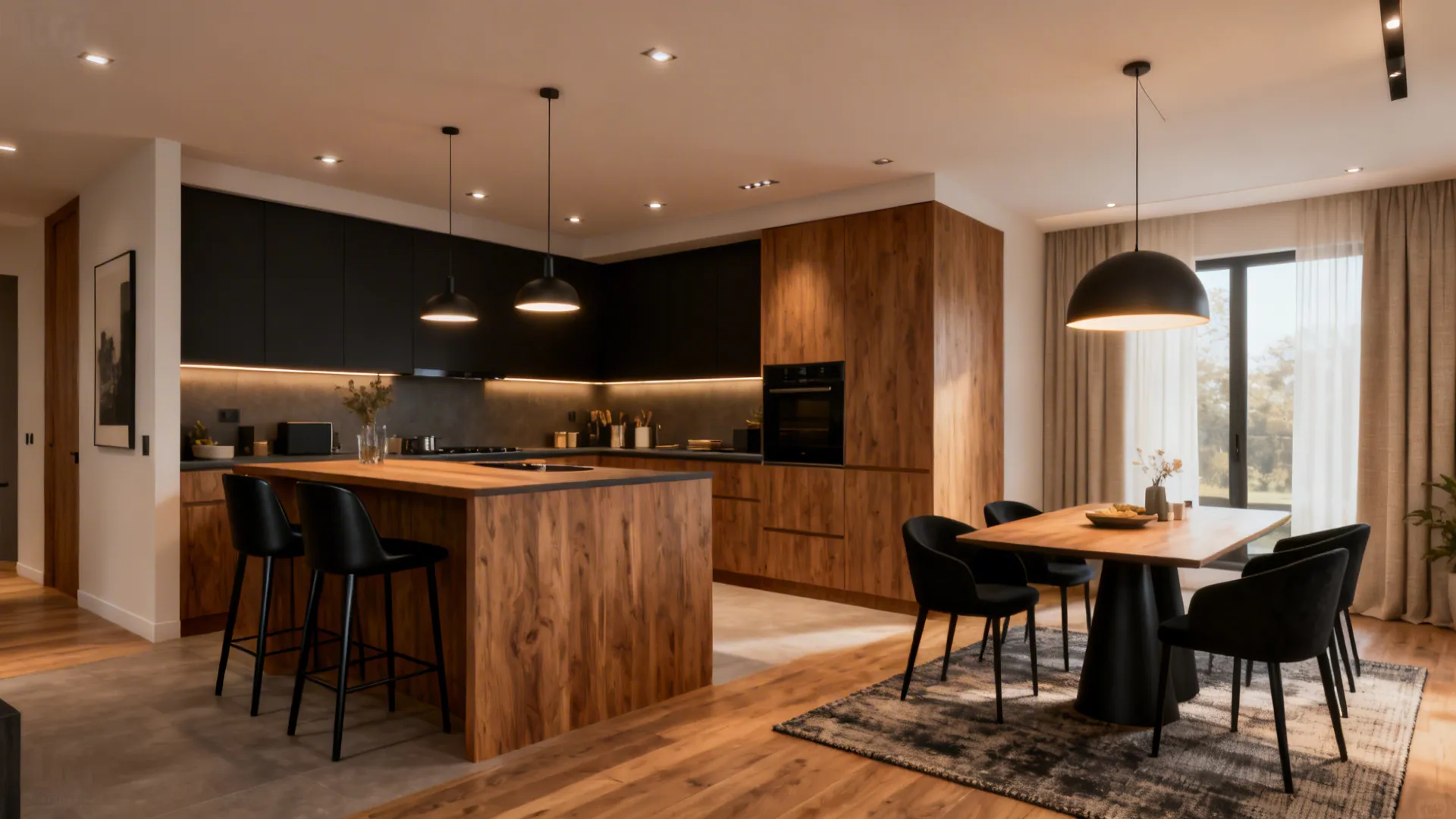 Modern open kitchen with wood cabinets black island stools and a dining table with chairs