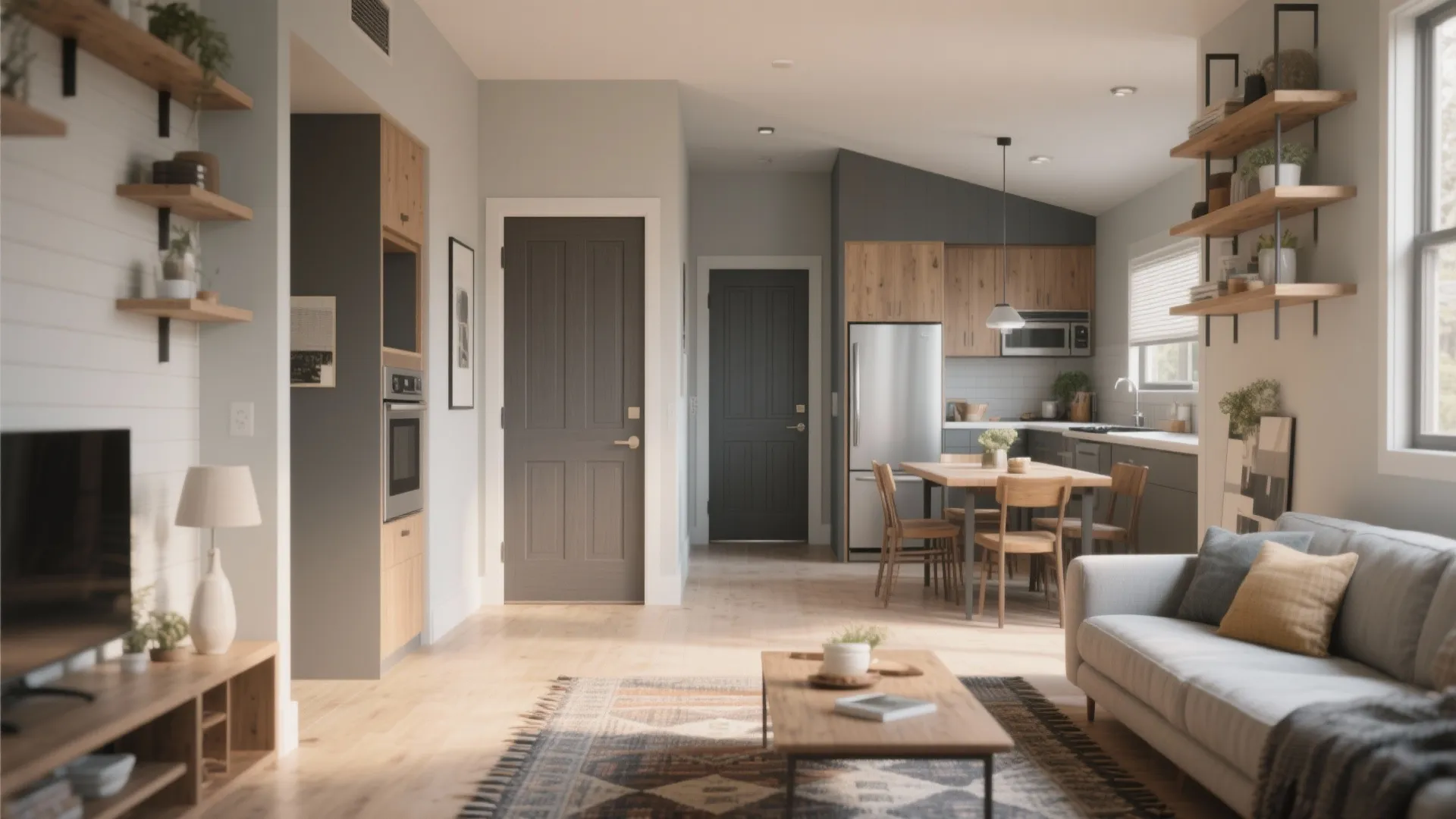 Open living, dining, and kitchen in a small ADU with two bedrooms accessed from a short corridor