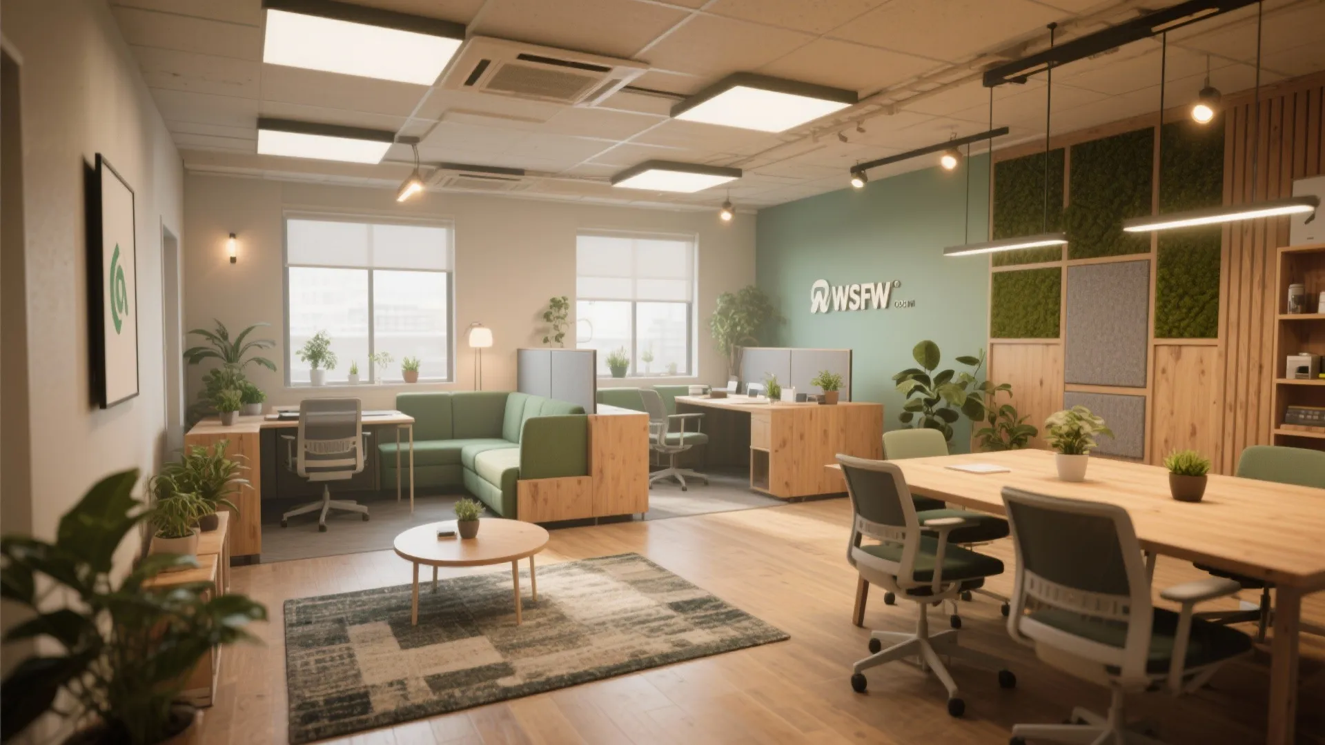 Zoned open-plan office with rugs, low partitions, acoustic panels and plants creating collaboration and quiet nooks.