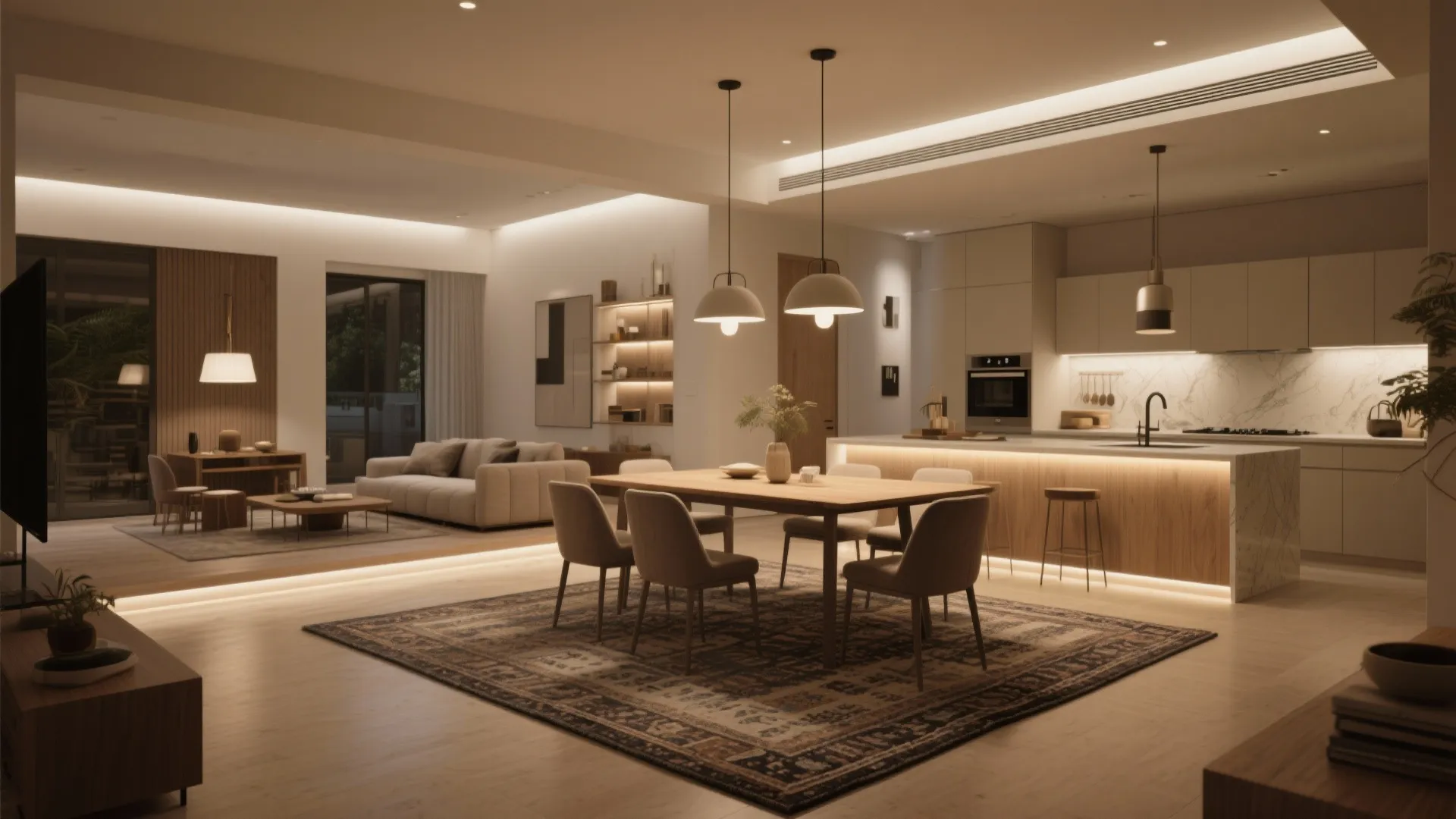 4. Zone the open-plan living with rugs and lighting