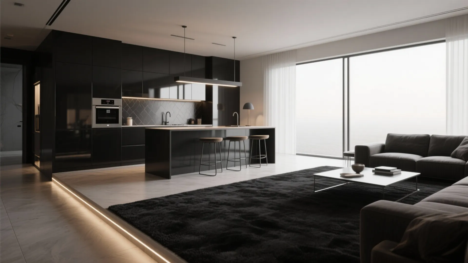 3. Zoning with Black Carpet — Define Kitchen Areas in Open Plans