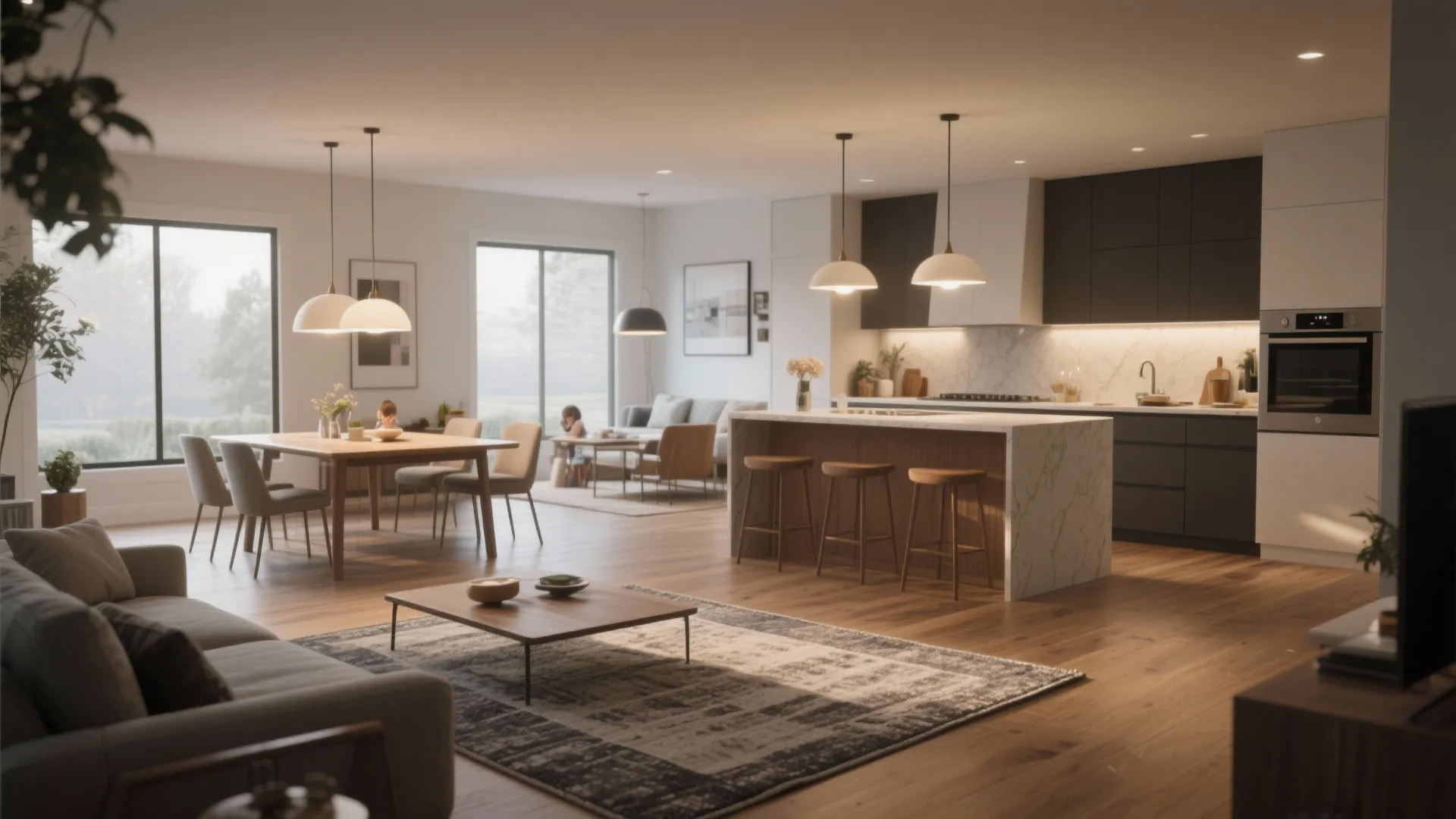 Open plan living area with dining table kitchen island and sofa under warm ceiling light