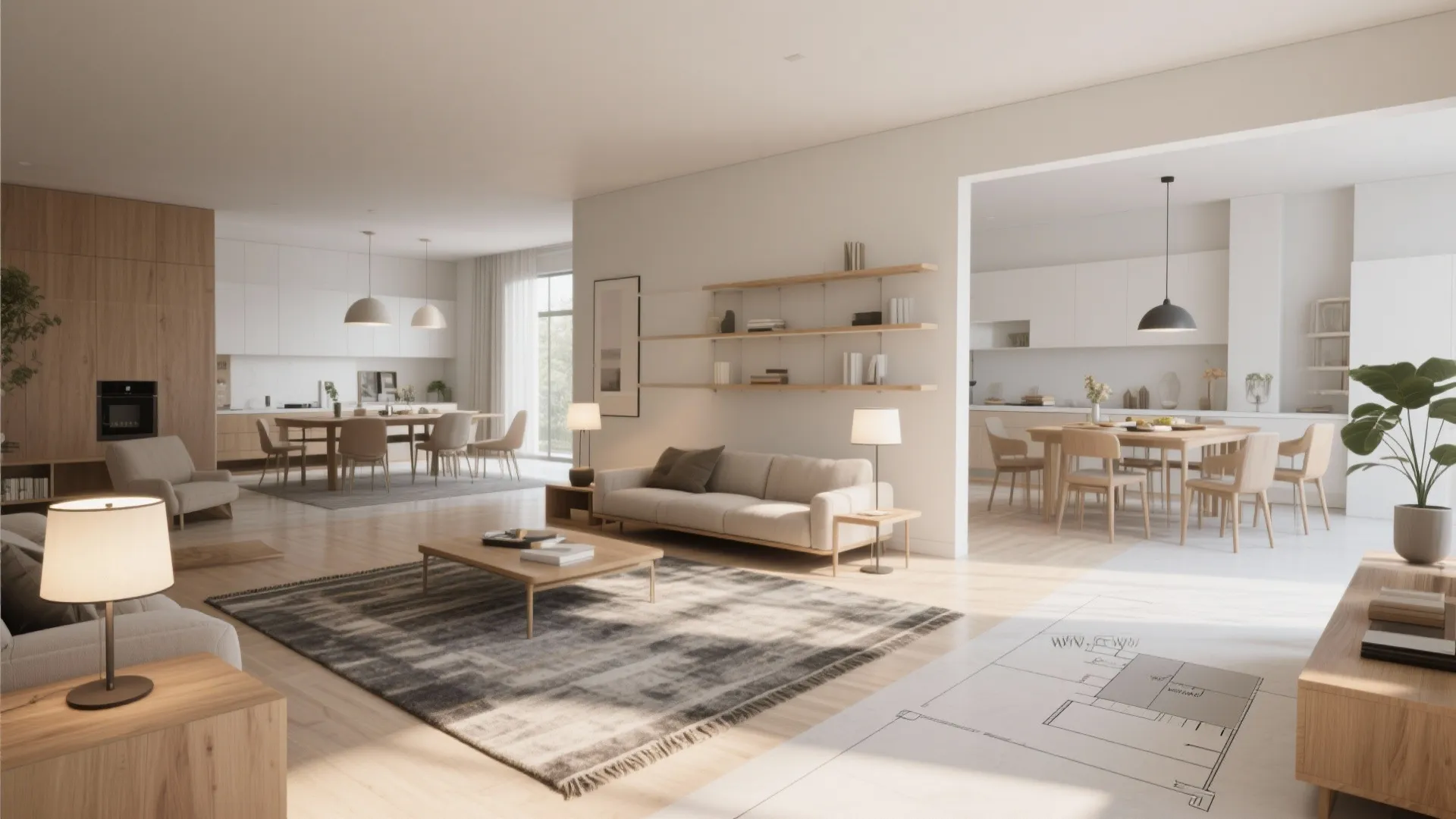 Open-plan living with rugs and lighting defining kitchen, dining and lounge zones.