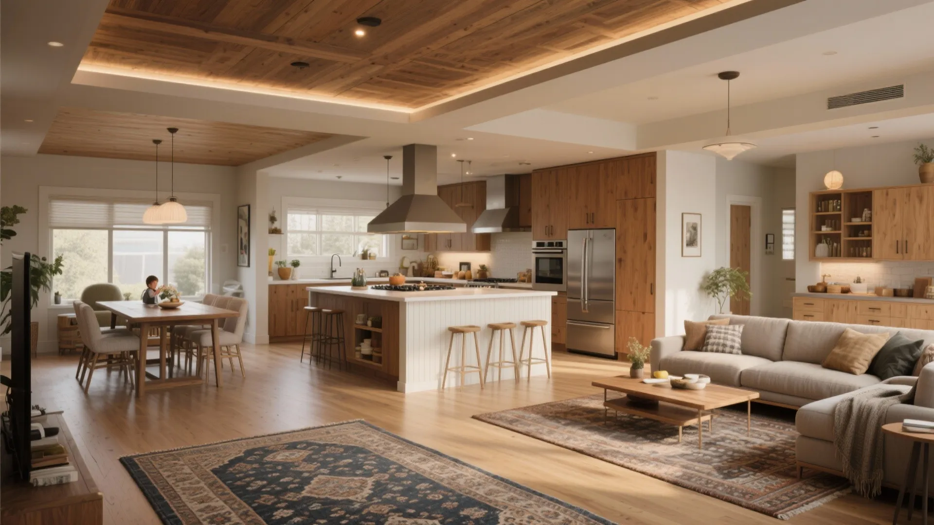 Open-plan ground floor with area rugs, ceiling treatments and a half-height partition defining zones.