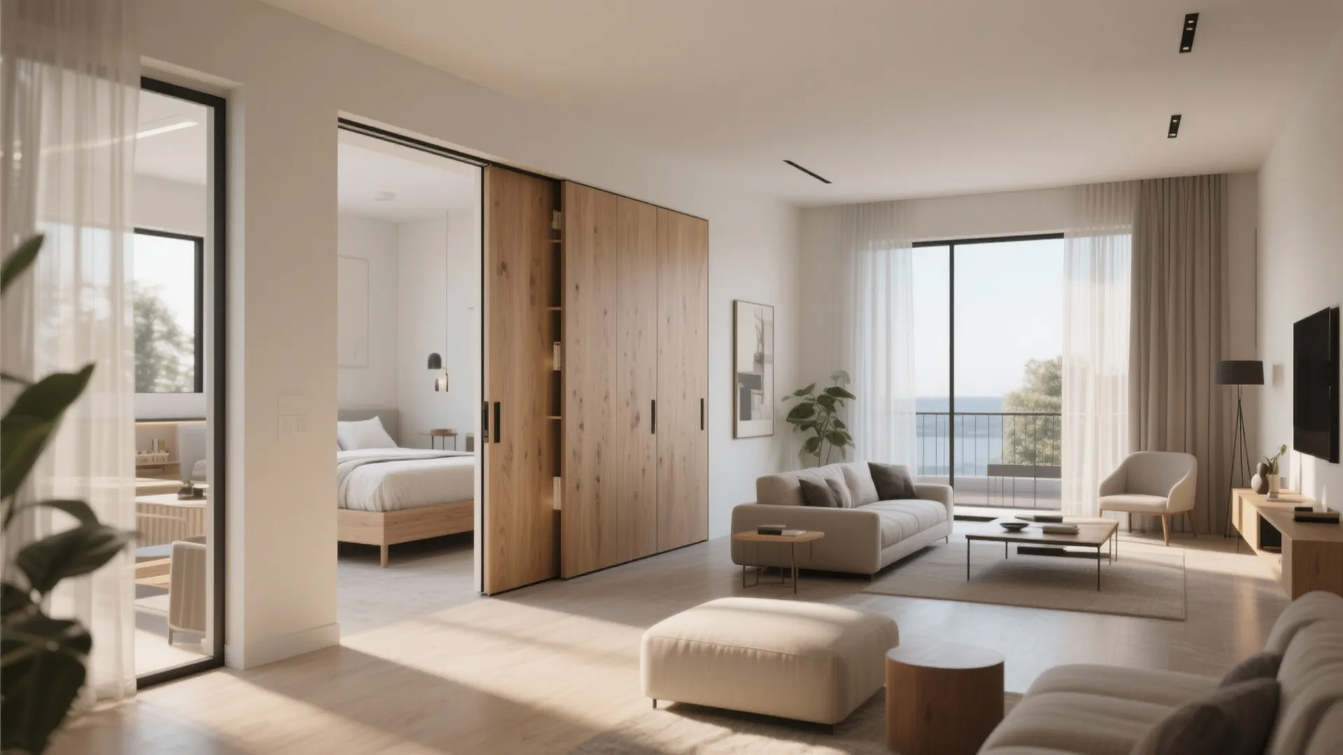 Modern open plan living room featuring wooden sliding doors leading into a bright minimalist master bedroom