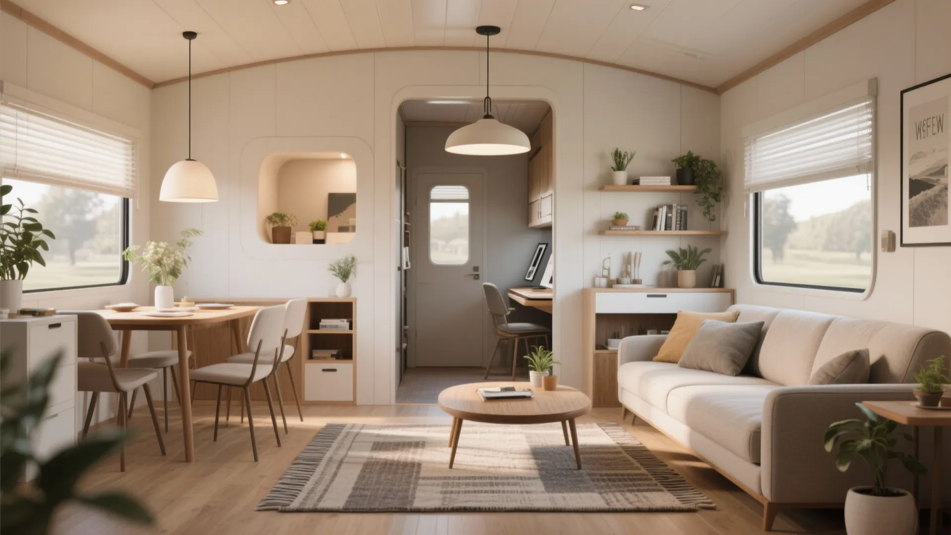Main living area of a mobile home showing living, dining, and workspace zones