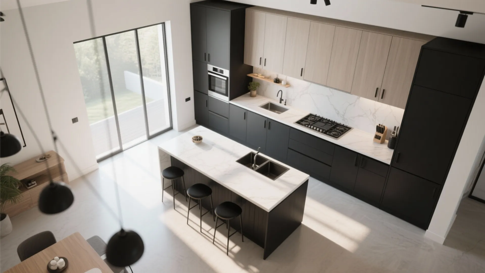 4. Use black knobs to define zones in open-plan kitchens