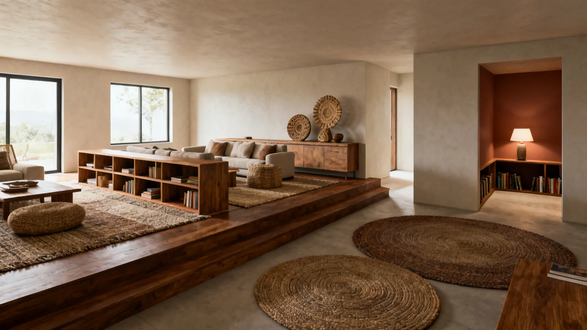 Open-plan great room with rugs, low shelving and a sofa-back console creating distinct zones and clear pathways.