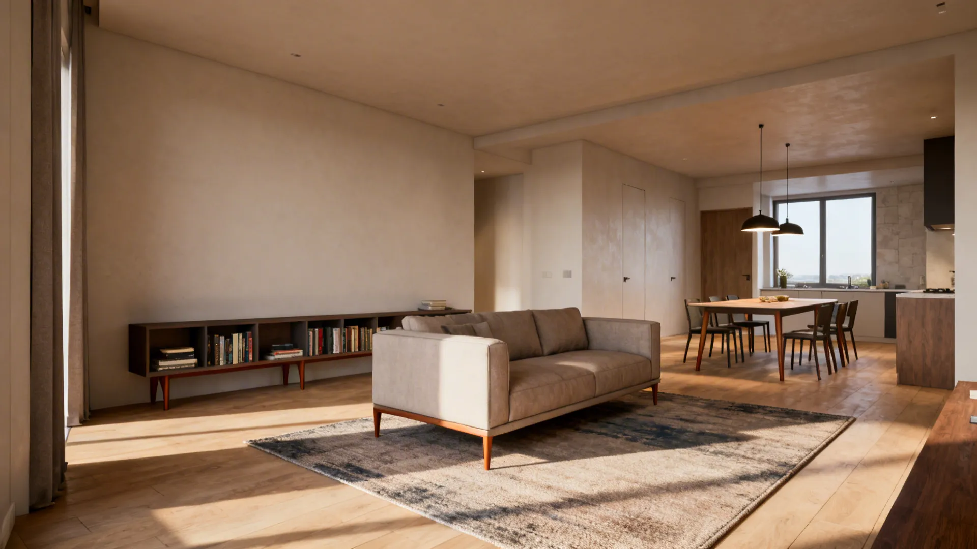 Large open living room layout with grey sofa wood flooring and dining table in background