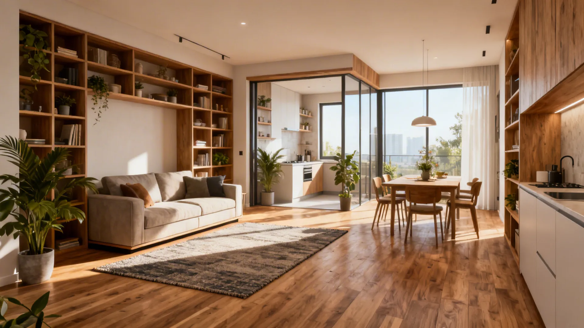 5. Create Zones with Rugs and Low-Profile Shelving