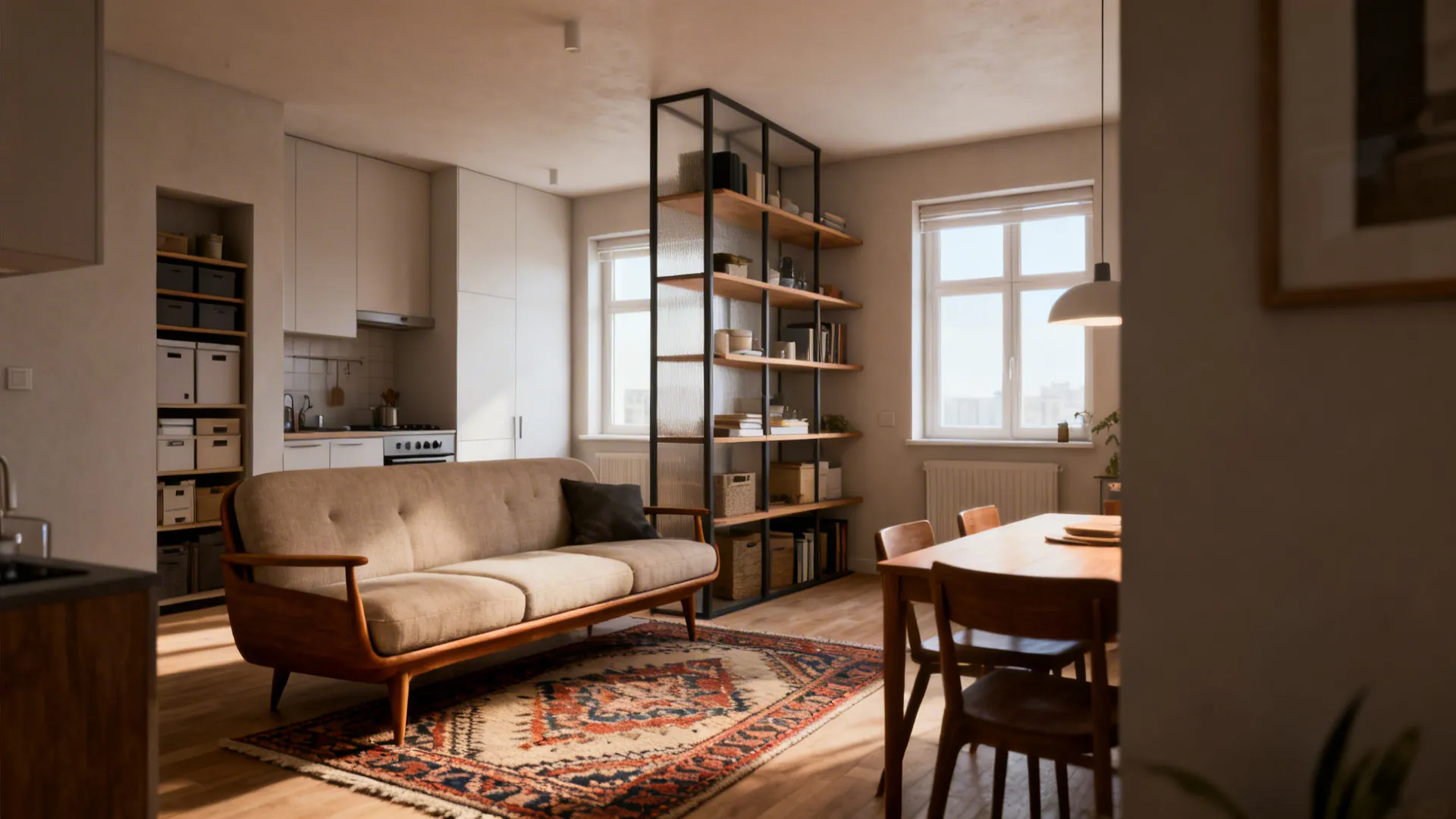 Open-plan living in a small apartment with sofa and rug defining zones and open shelving divider