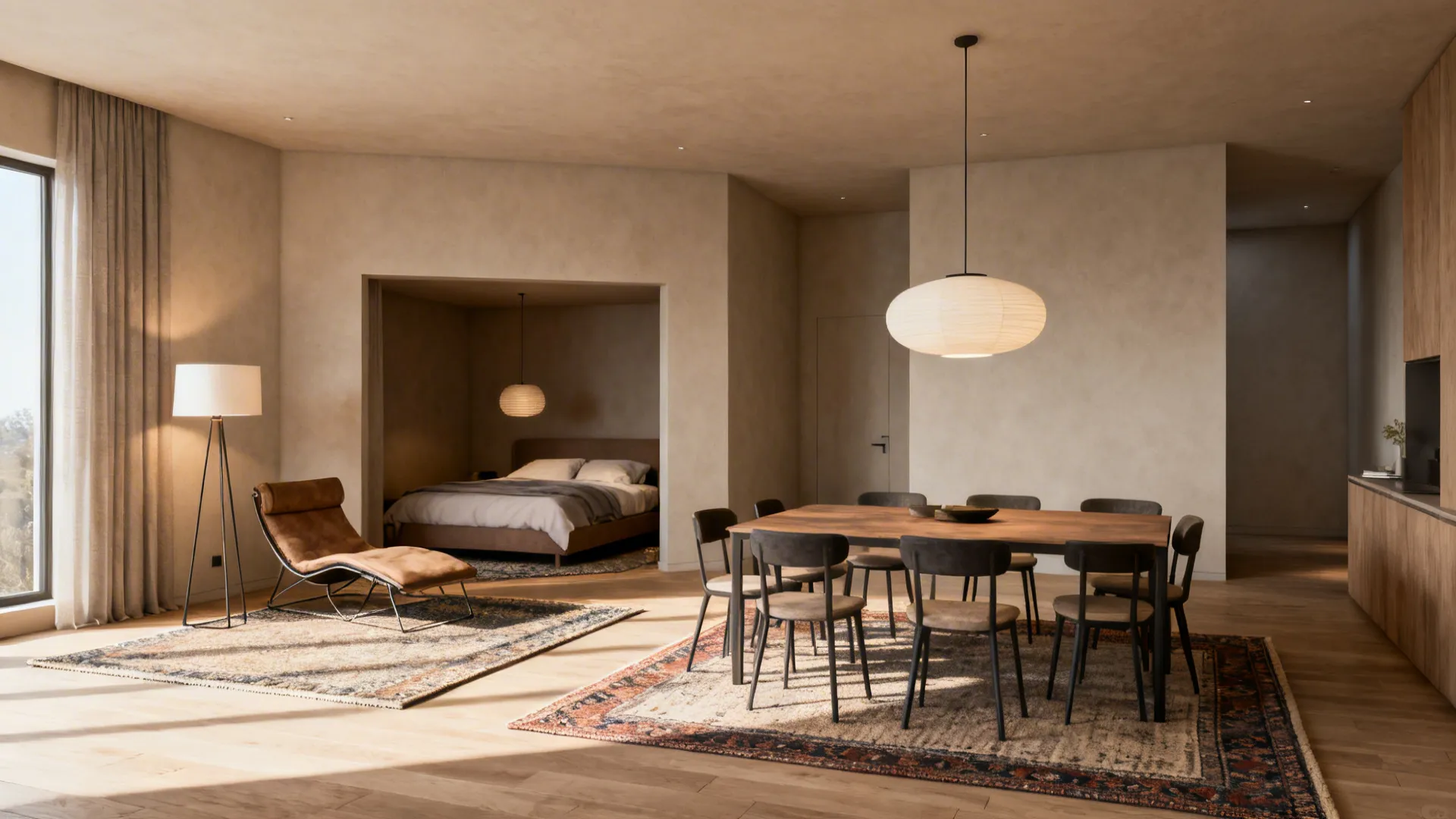 Open-plan small apartment using rugs and pendant lights to define living, dining, and sleeping zones