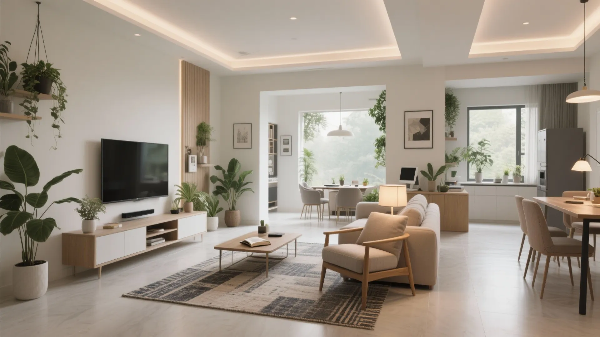 Modern open living room with cream sofa coffee table potted plants and bright interior design drawing