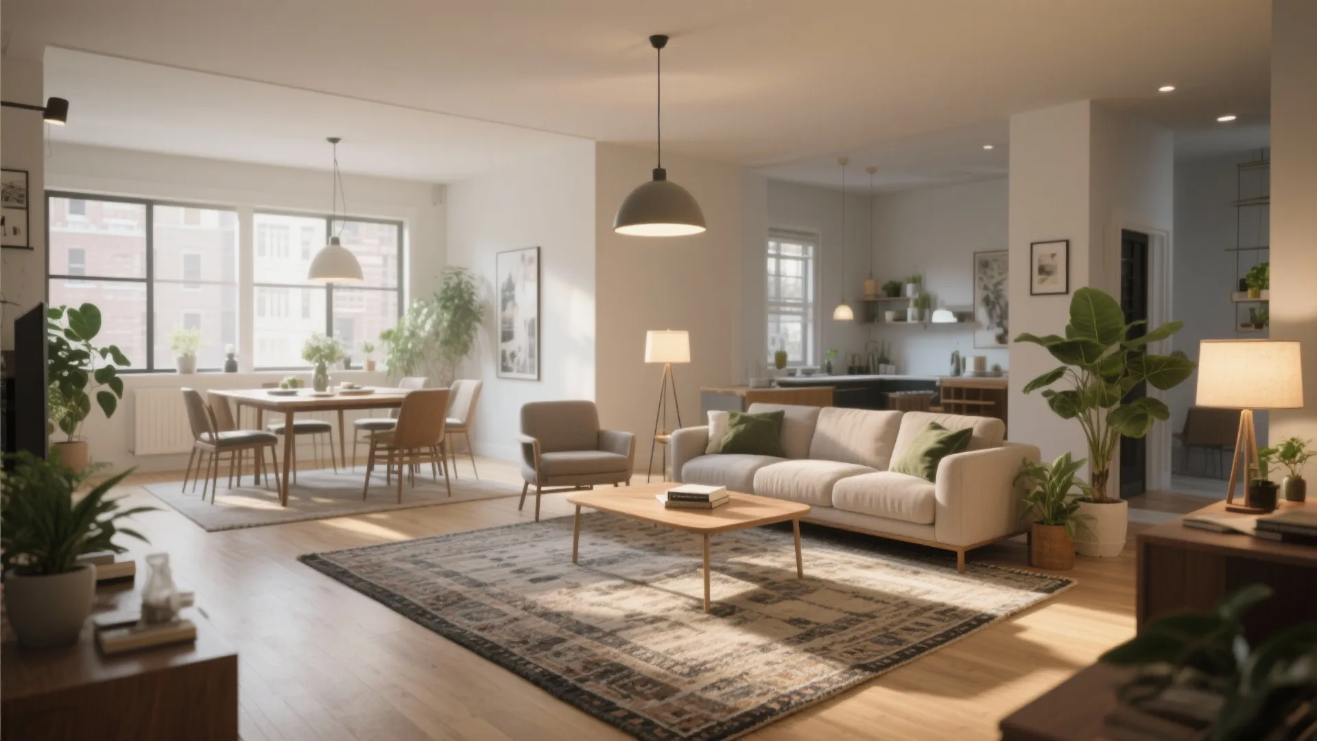 Spacious living room with beige sofa and wooden table on rug near dining area windows