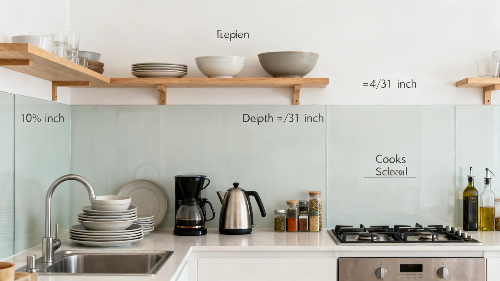 Zoned open kitchen shelves grouping daily dishes and coffee tools in a small space.
