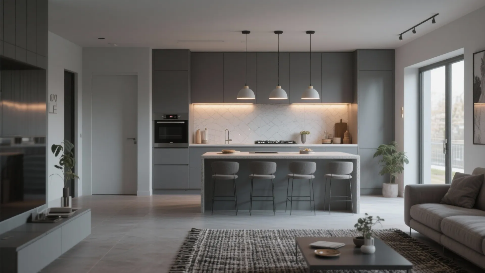 Open-plan kitchen and living area painted the same soft grey, zoned by rug, backsplash, and layered lighting.