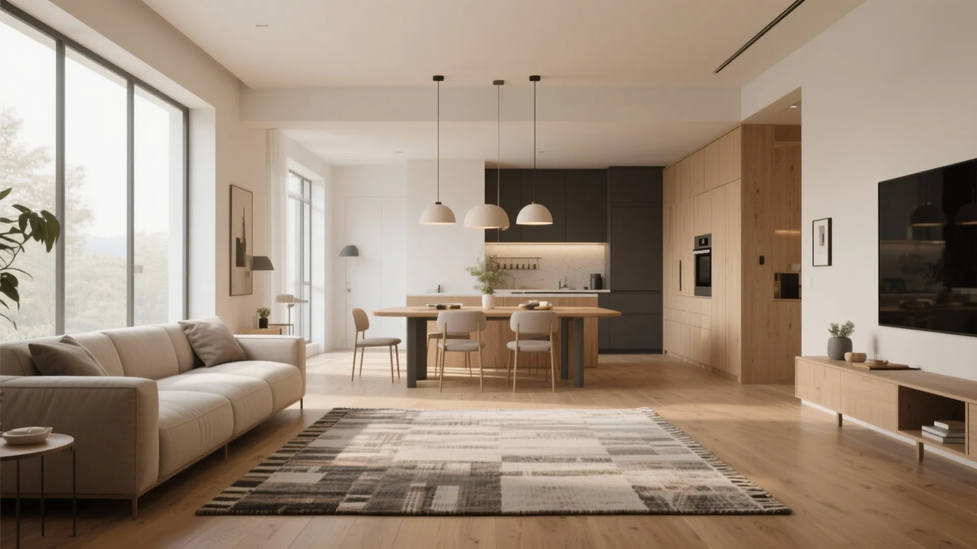 Open-plan living and kitchen with rugs and lighting defining zones in a compact home