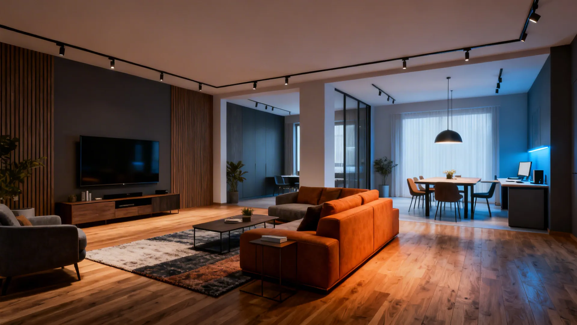 Open-plan living room with multiple short track runs defining seating, TV, and dining zones.