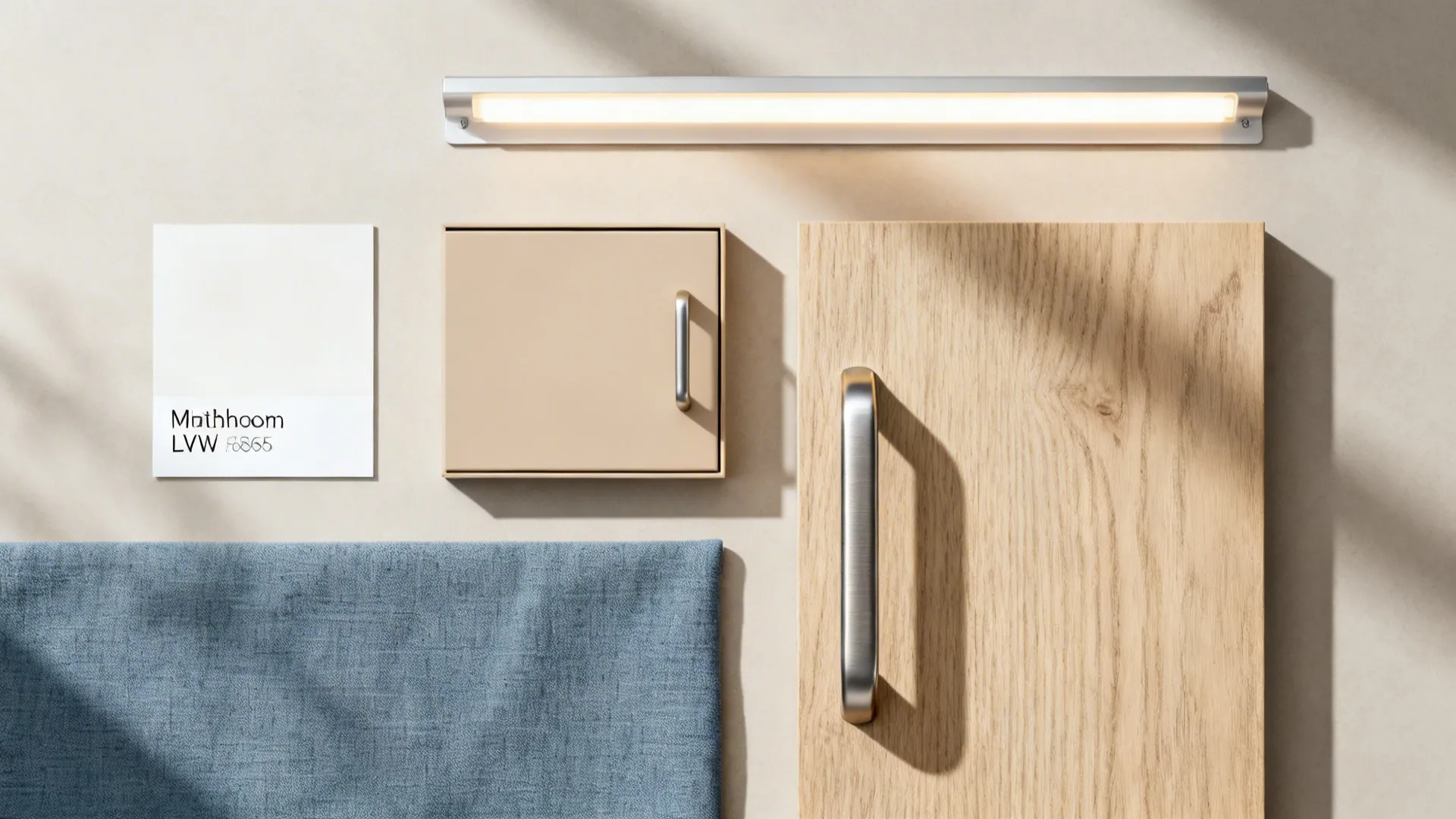 Flat lay of warm white, mushroom beige, dusty blue fabric, oak veneer, and brushed metal samples.