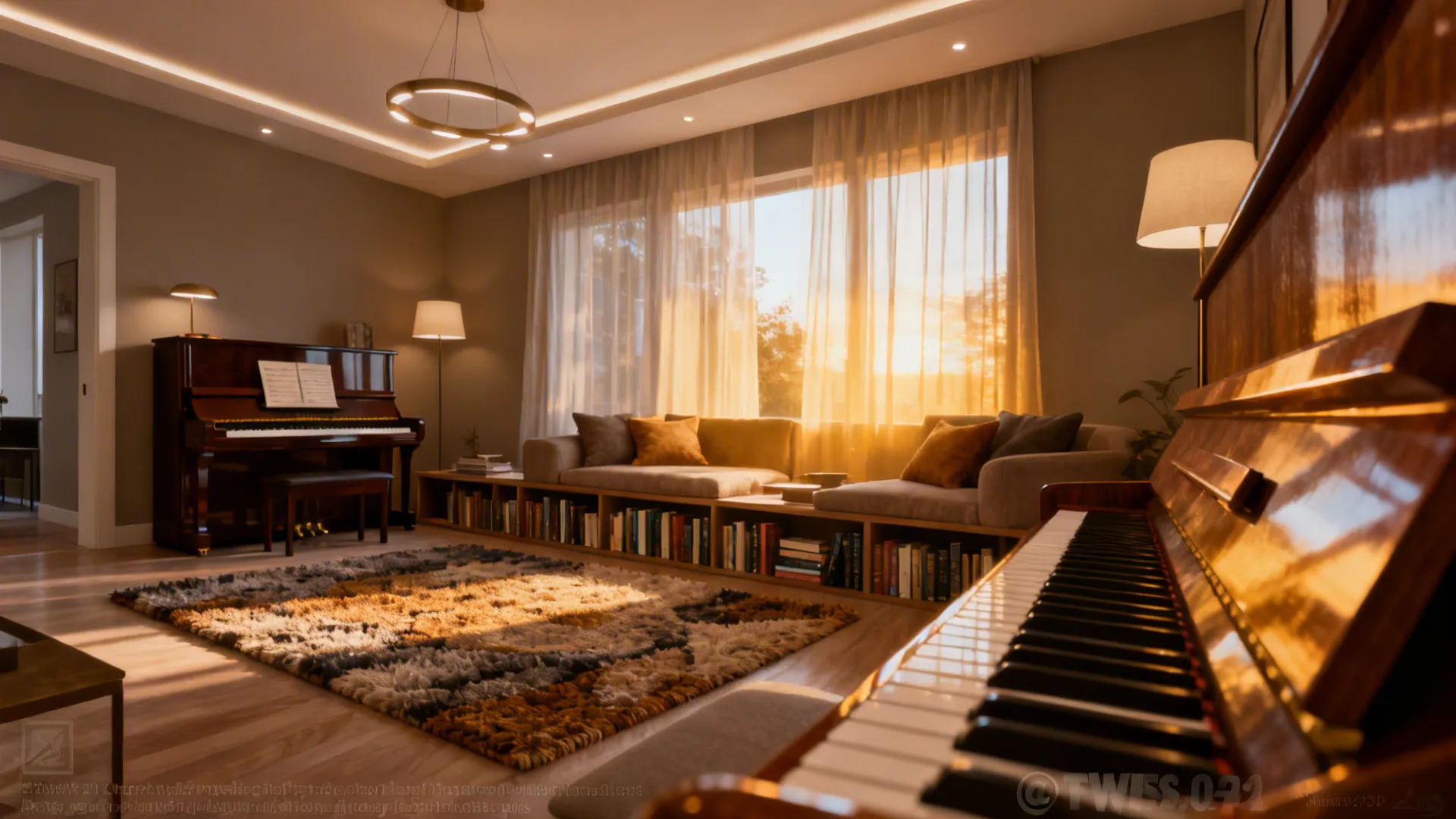 Zoned small living room with a baby grand piano area separated by a rug and low bookshelf from lounge seating