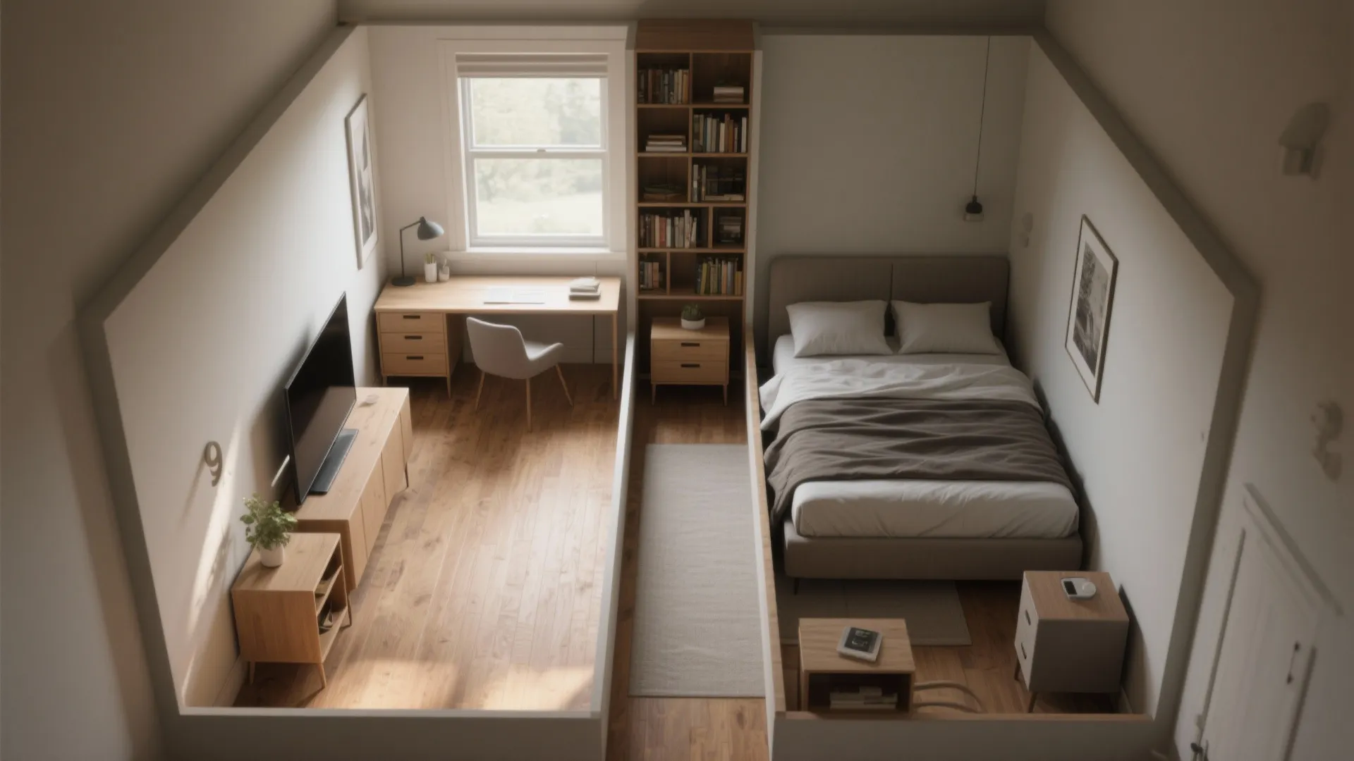 Top view of a small apartment layout with separate bedroom office area and wood flooring
