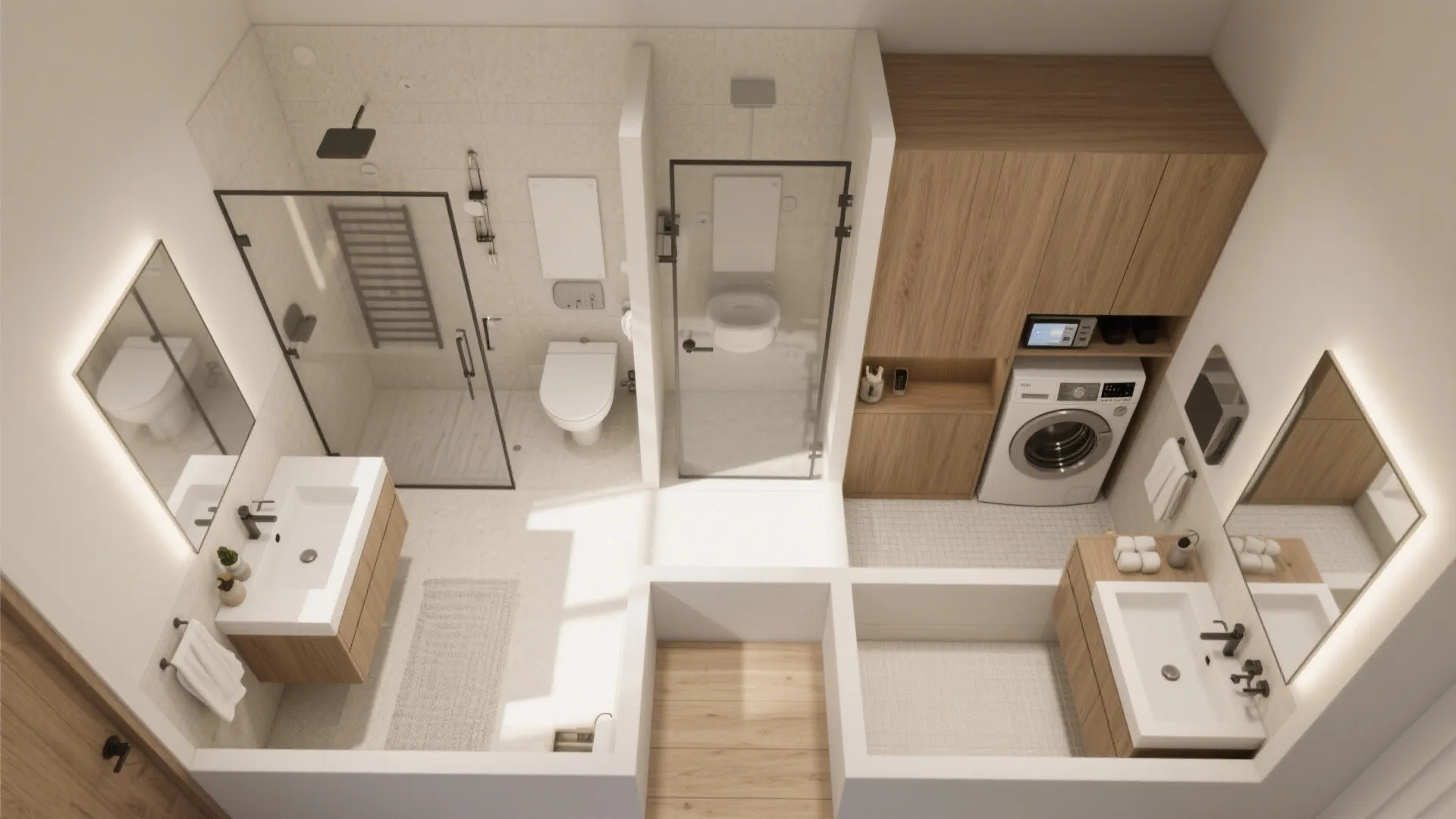 Top-down 3D mockup of a zoned master bathroom showing powder room, laundry stack and a tech corner with clear circulation.