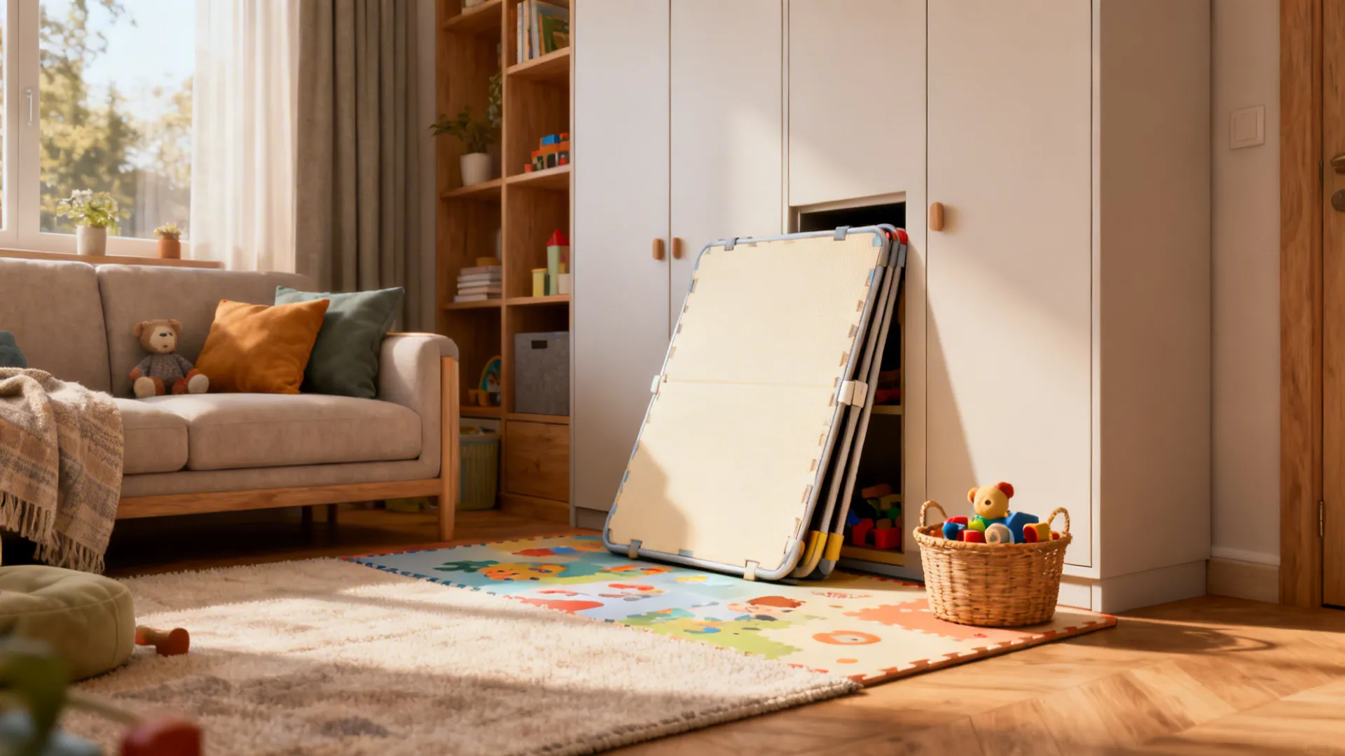 Zoned play area with a foldable mat stored beside a slim cabinet in a living room