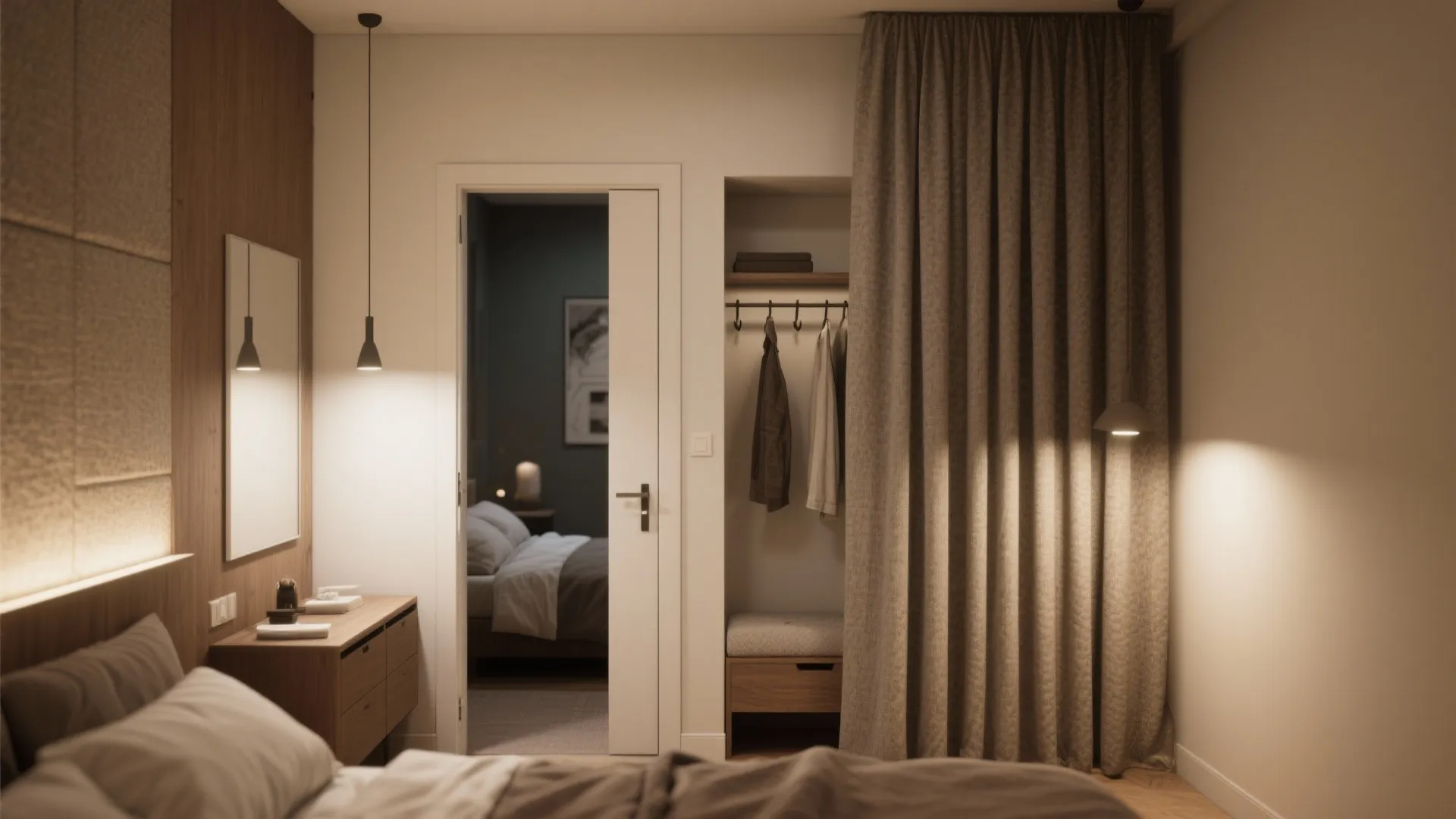 Modern bedroom with sliding door open to another room featuring wood cabinet and long curtains