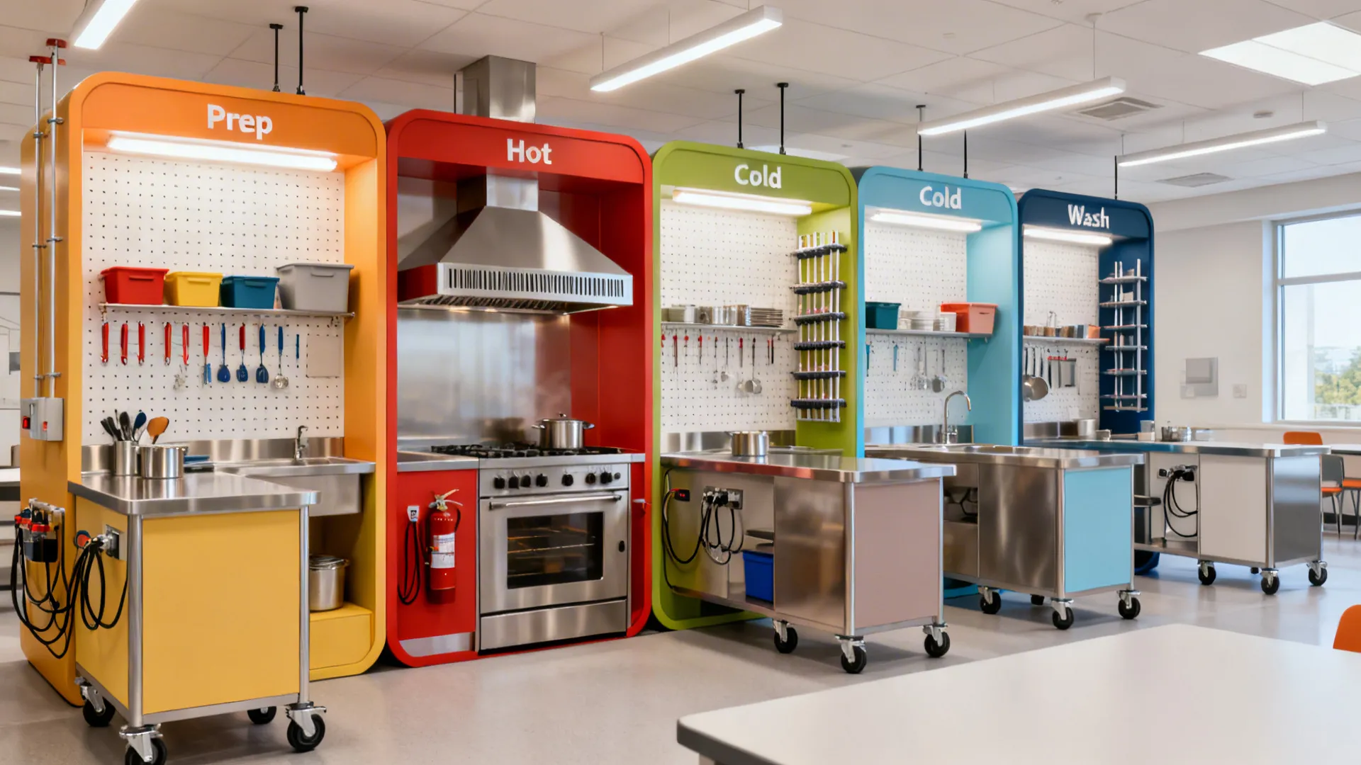 Modular kitchen with color-coded pods, mobile stations, and quick-connect utilities under targeted ventilation.