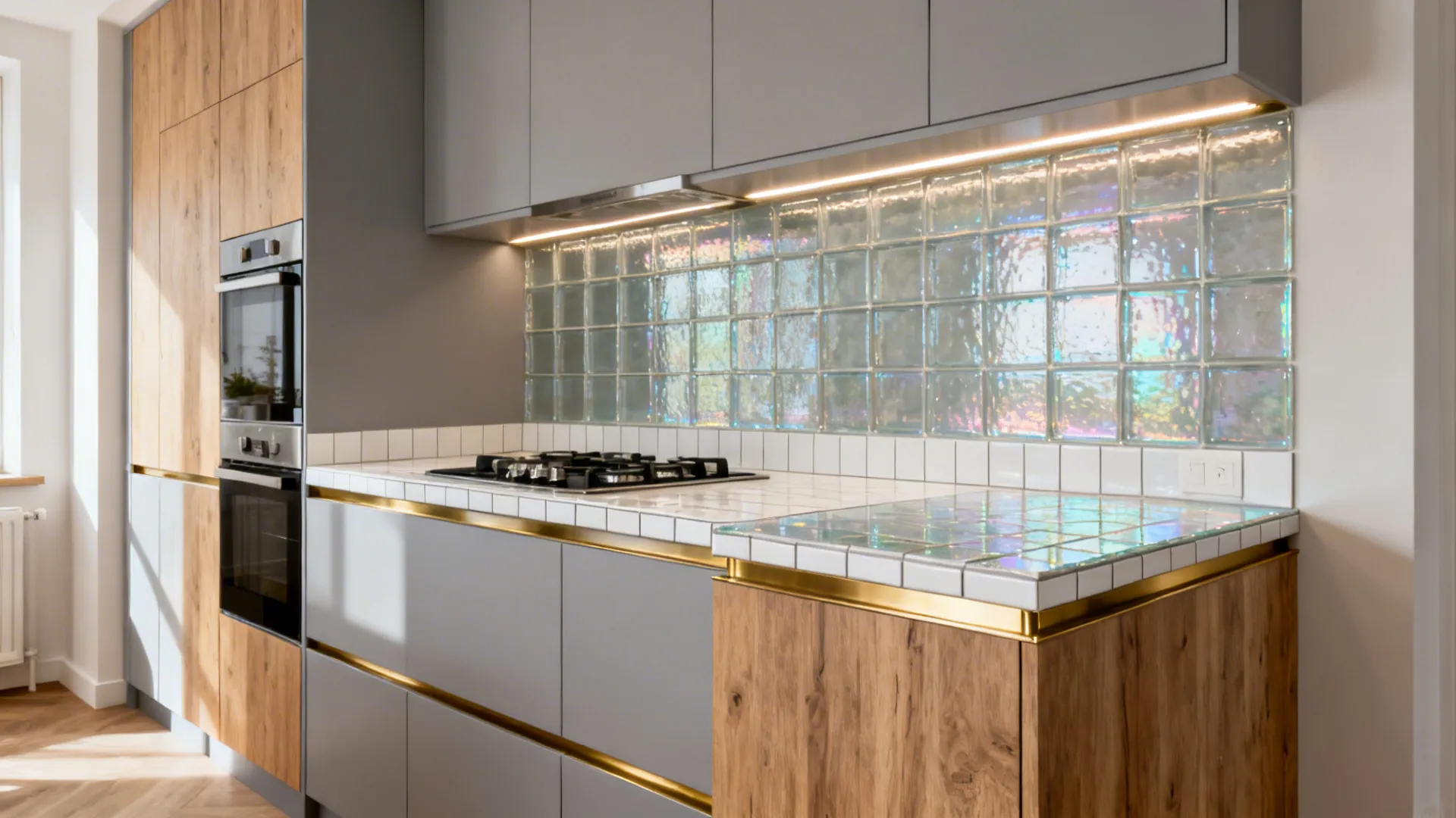 Compact kitchen showing porcelain around the cooktop and a glass tile bar surface with clean transitions.