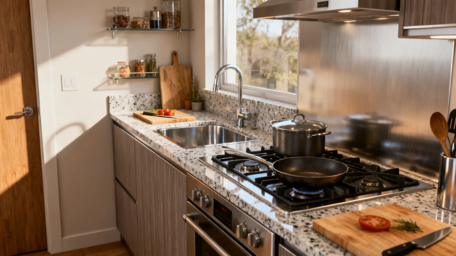 Small kitchen showing quartz prep zone by stove and sink with laminate elsewhere to save cost.
