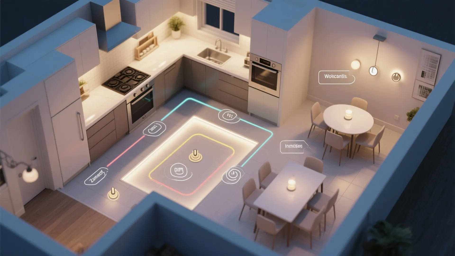 Top-down kitchen plan showing zoned recessed lighting circuits for cooking, dining, and ambient scenes with dimmer icons.