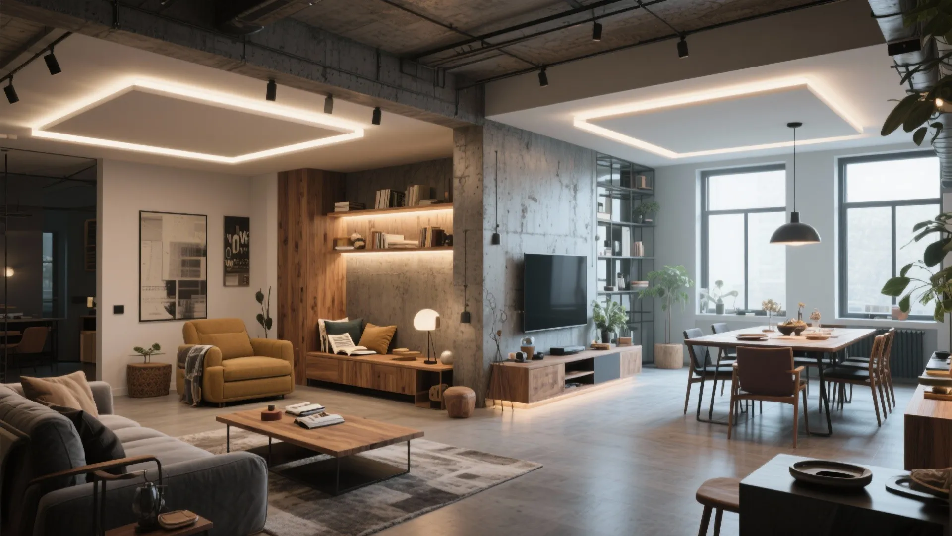 Open loft with separate recessed lighting zones for multiple uses