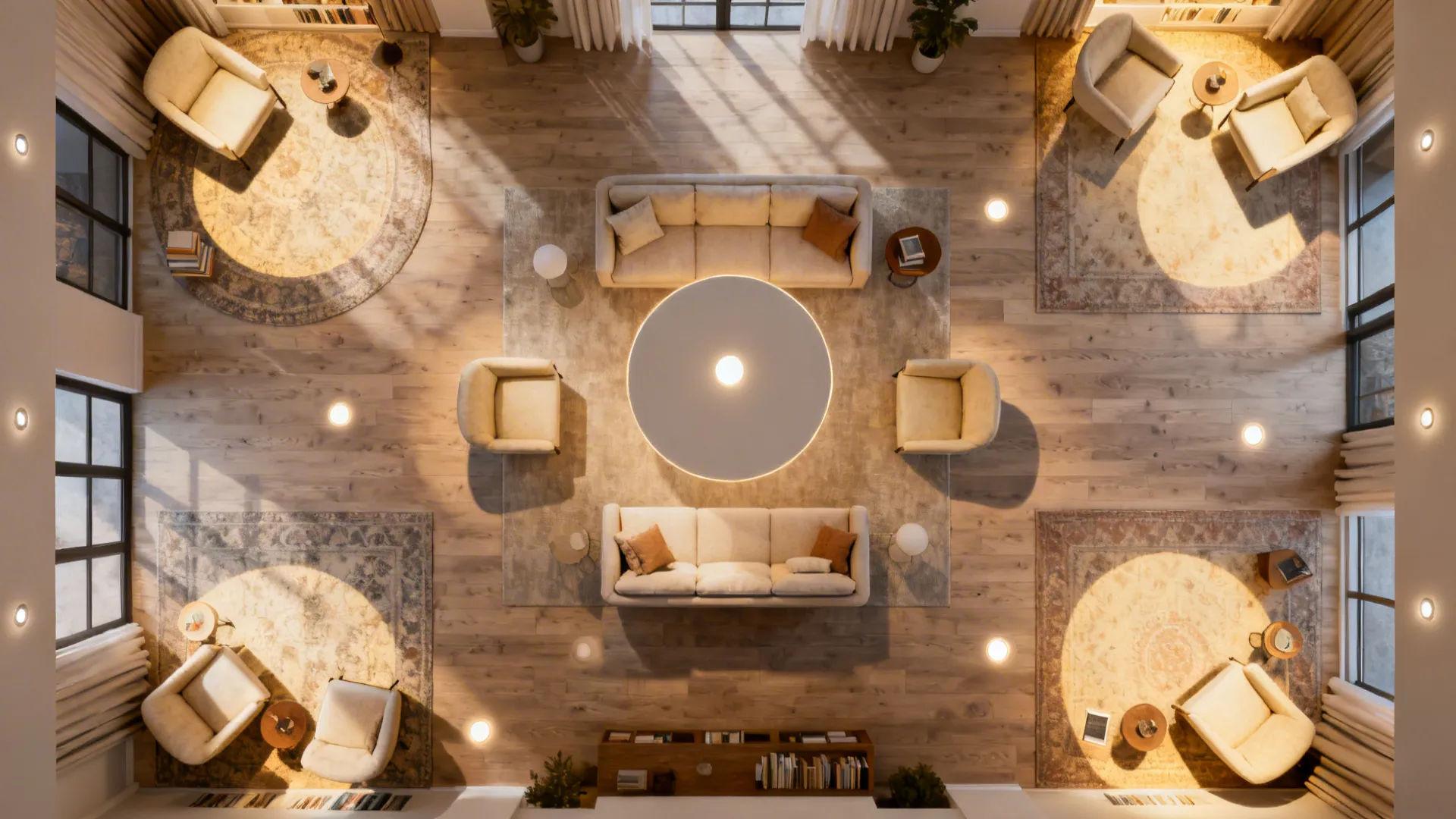 Top-down visualization of zoned recessed lighting clusters defining conversation and reading areas in an open-plan living room.