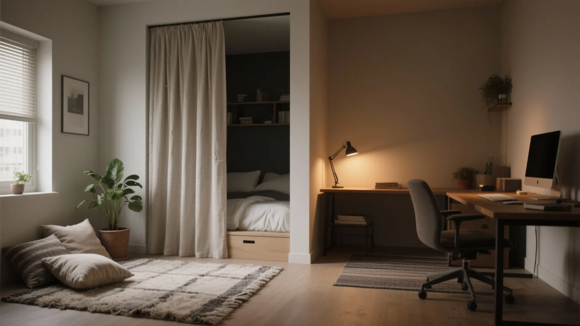 3. Zoning with Rugs, Curtains, and Lighting