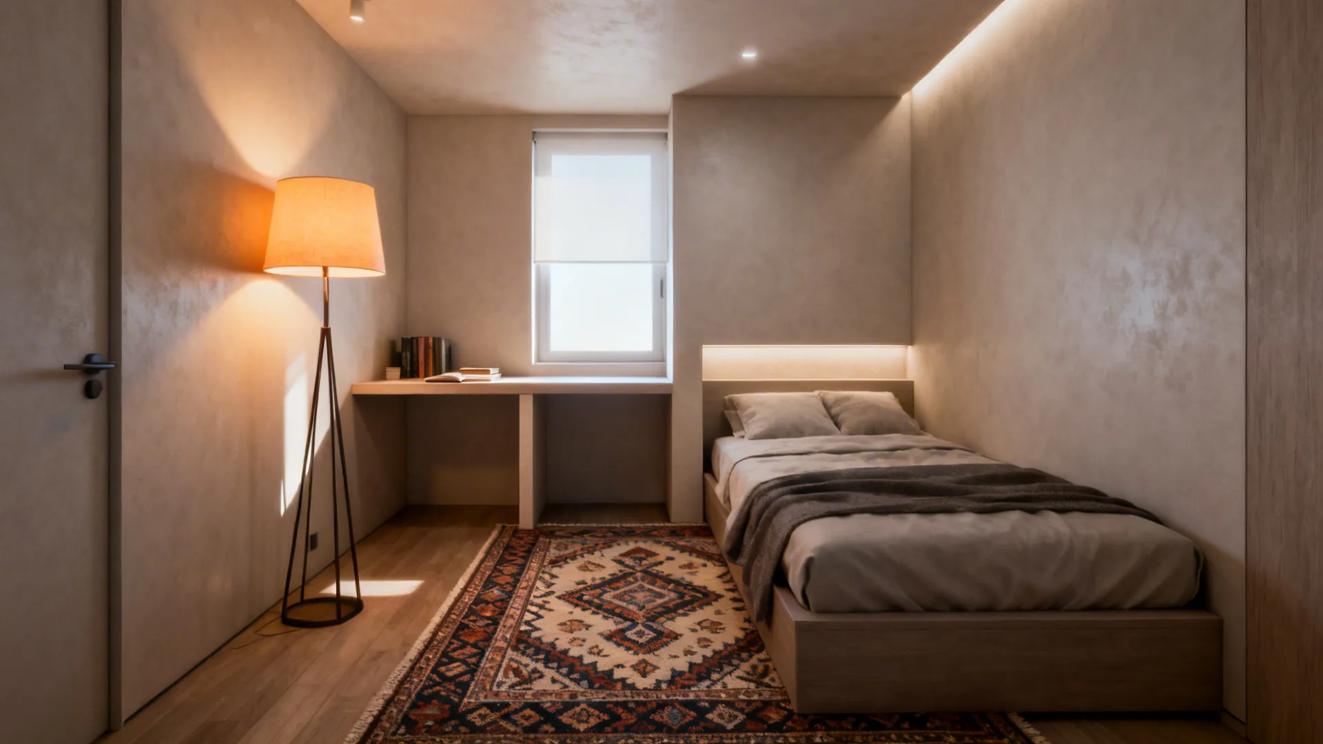 Small room with rug-defined sleeping area, slim console and floor lamp creating zones