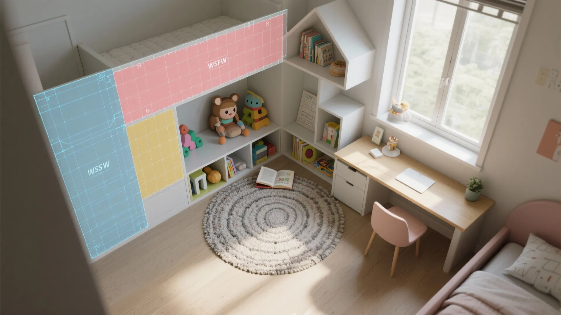 3. Zone with rugs, shelves and a 3D mockup