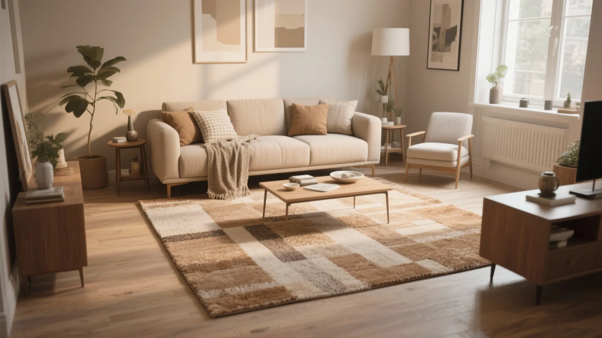 Bright living room with beige sofa wooden coffee table patterned rug armchair and tall lamp