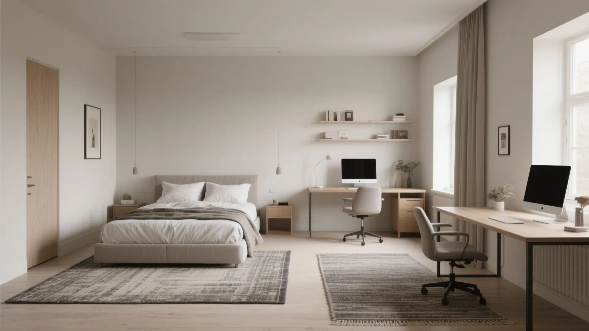 Modern bedroom featuring grey rugs under a bed and two separate wooden office desk workstations