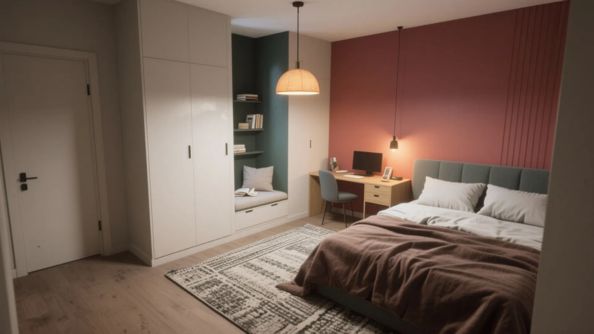 Bedroom with patterned rug, wooden desk, white wardrobe, pink wall, and orange hanging ceiling light