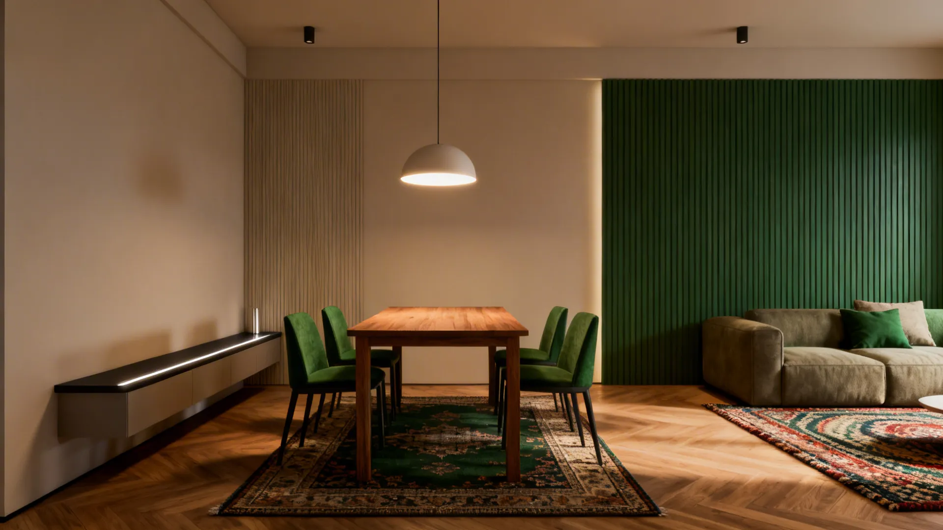 Modern dining room with wooden table green velvet chairs green wall panel sofa and rug