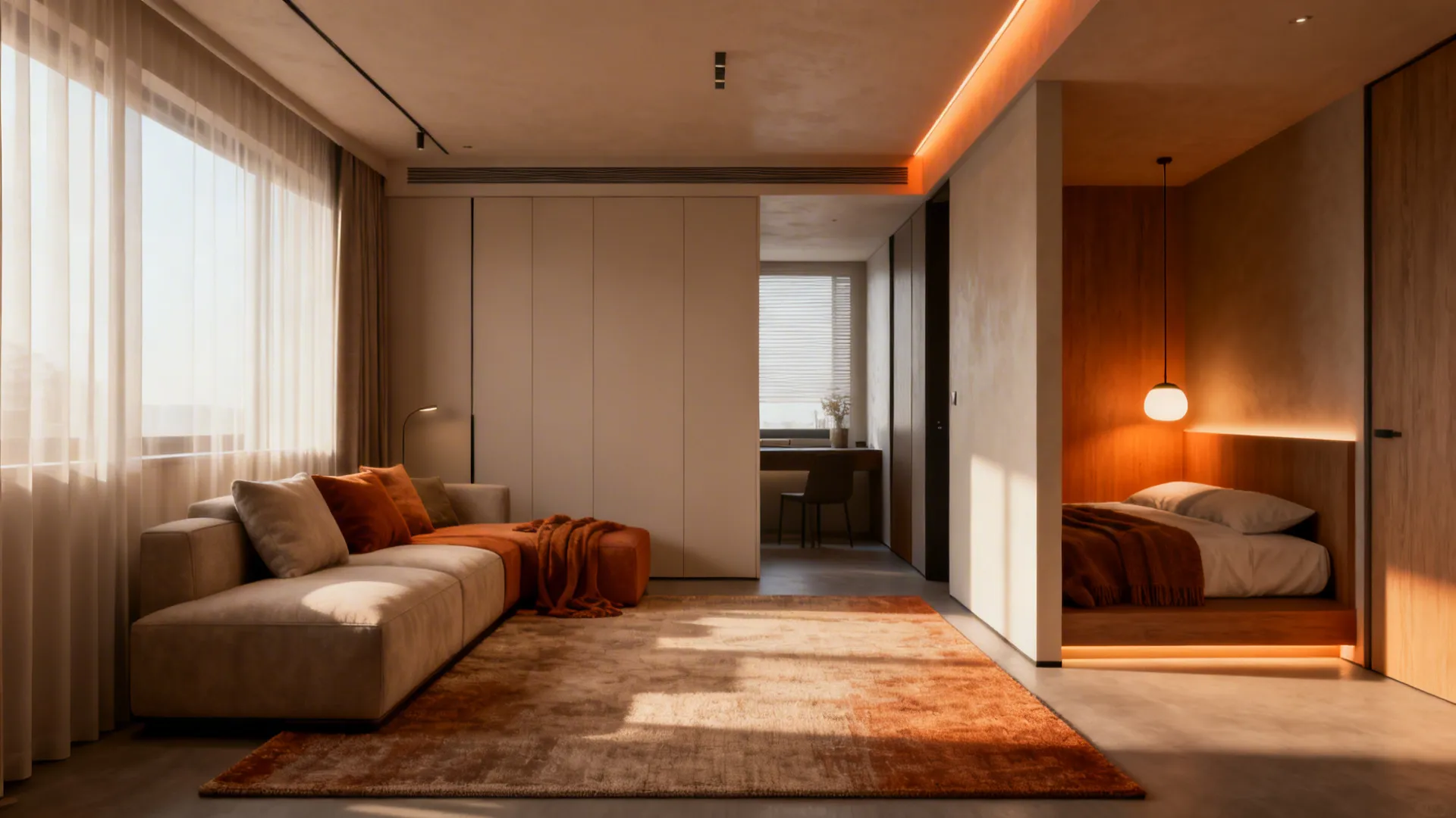 Small apartment with rug-defined seating area and pendant over bedside nook to create zones