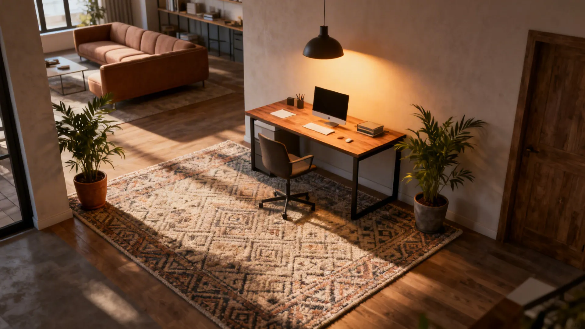 Workspace island defined by a rug, pendant light and plants in an open-plan studio.