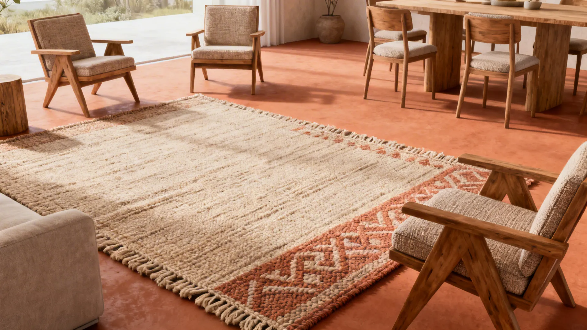 Zoned rug visually separating dining and living areas with lightweight moveable furniture