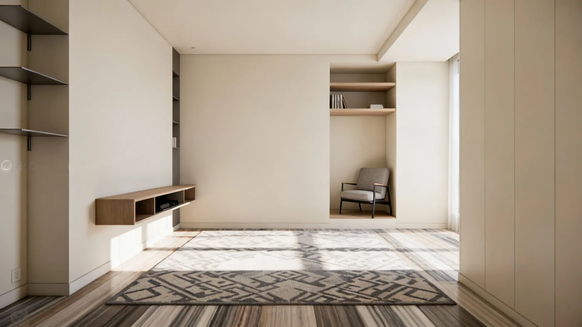 Minimalist cream room with patterned rug grey chair wall shelves and wooden cabinet under sunlight