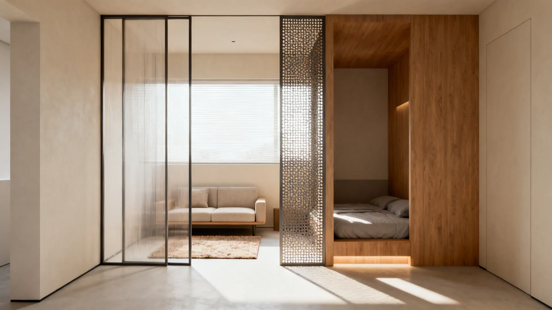 Rug-anchored lounge and a slim translucent screen dividing a micro-studio while keeping light flowing