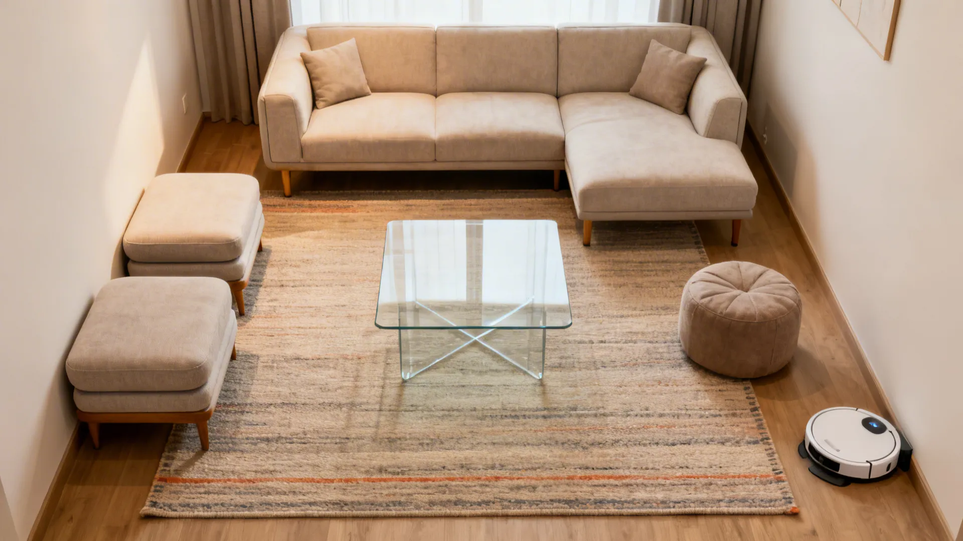 Top down view of a living room layout with large rug glass table and sofa