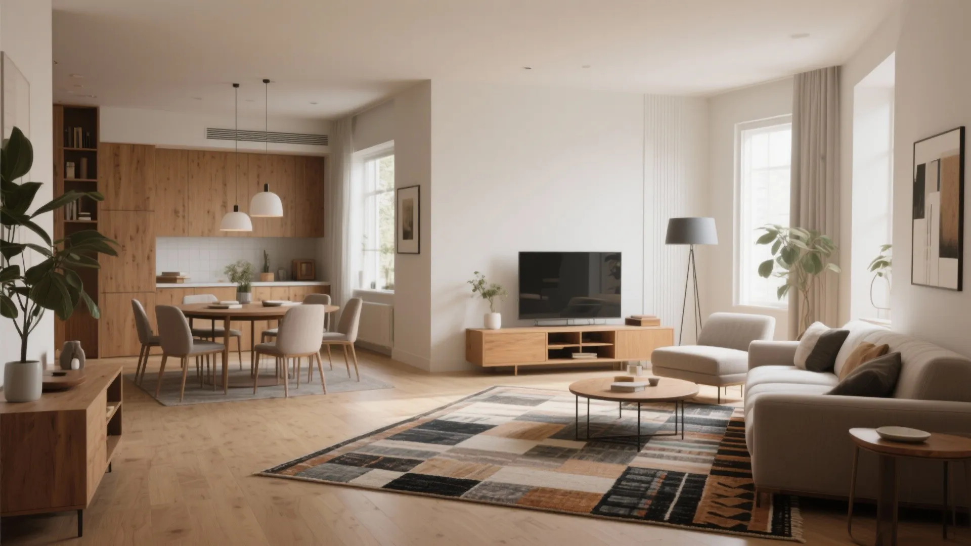 Open plan room layout with kitchen dining table patterned rug sofa and wooden storage cabinet