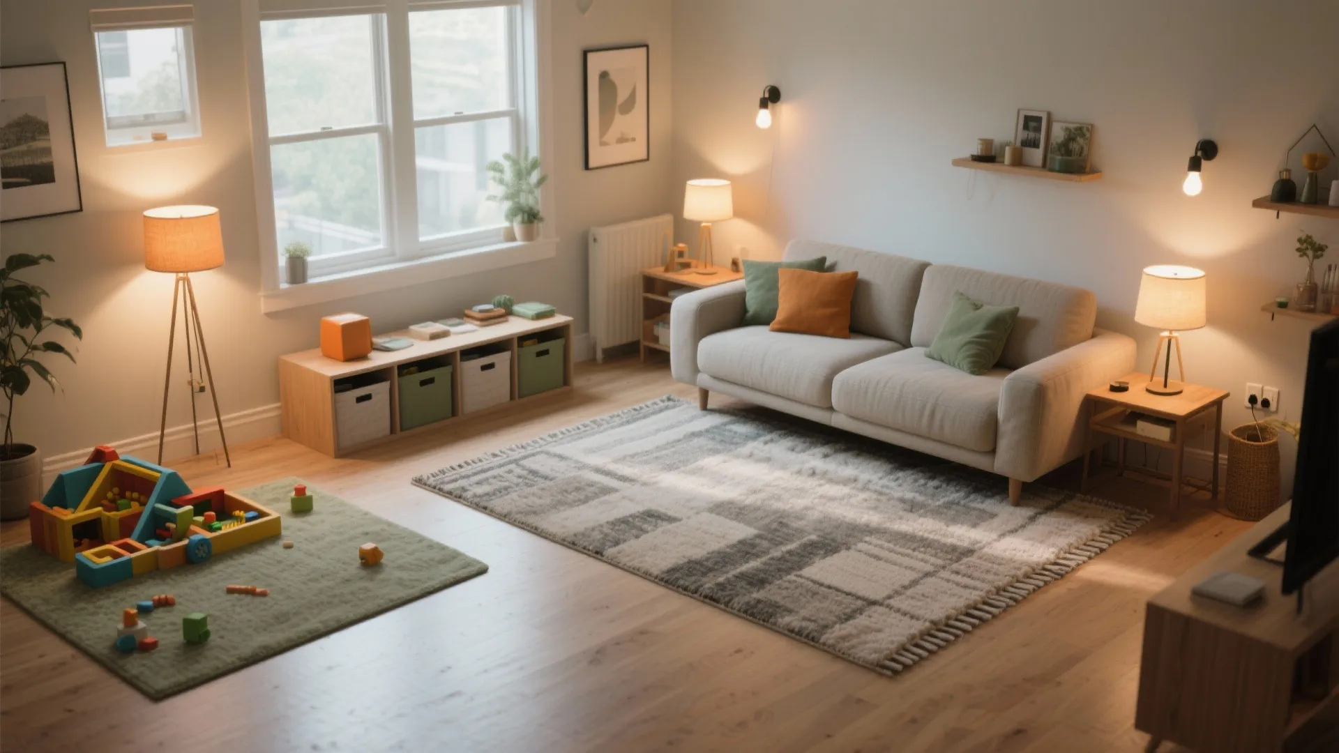 Living room with beige sofa, warm lamps, floor rug, and separate play area with blocks