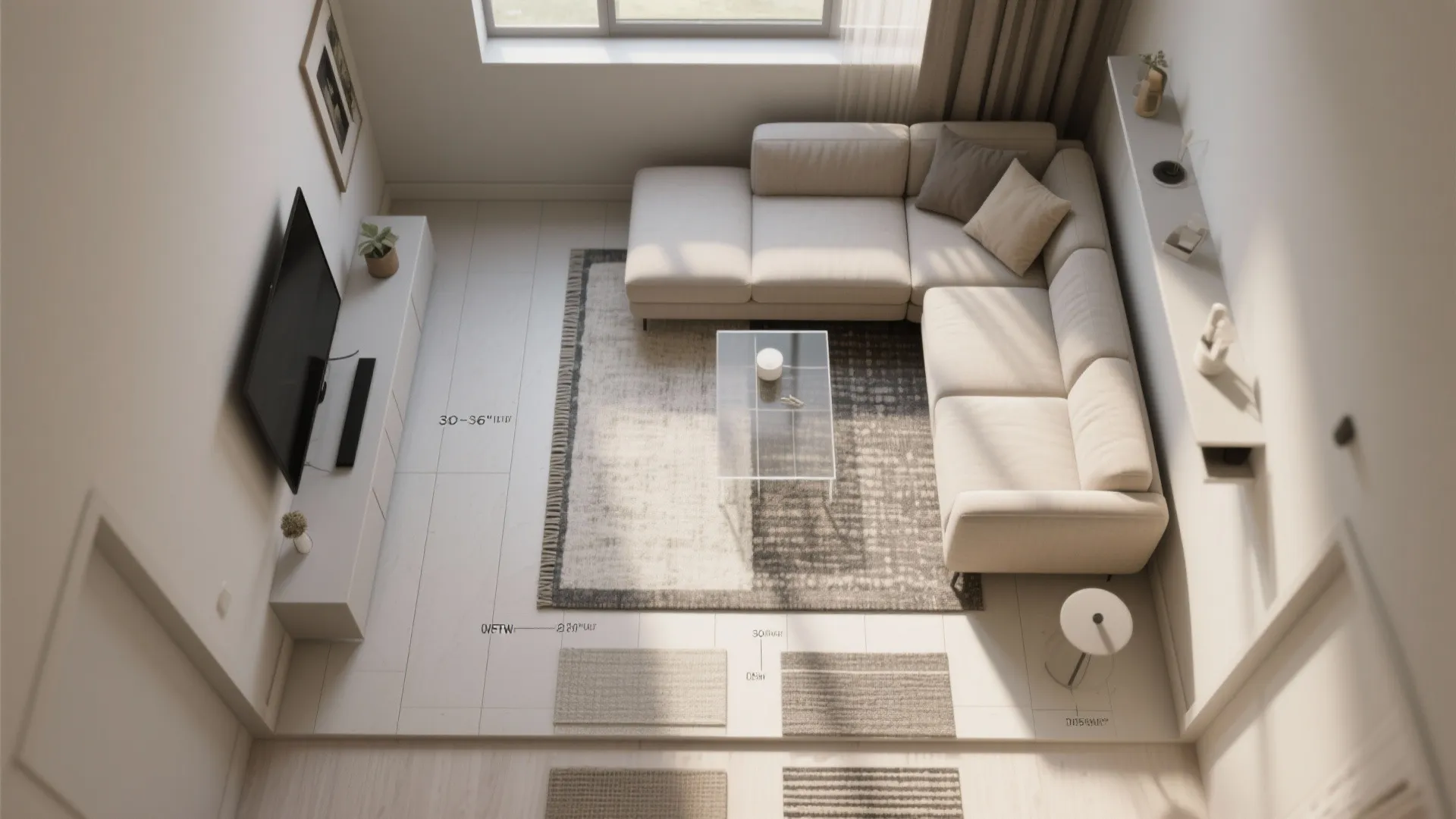 5. Zone with rugs and low-profile furniture